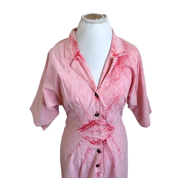 Champagne West Vintage 80s Acid Wash Denim Dress Size 11 Pink Retro Rockabilly - Picture 2 of 10